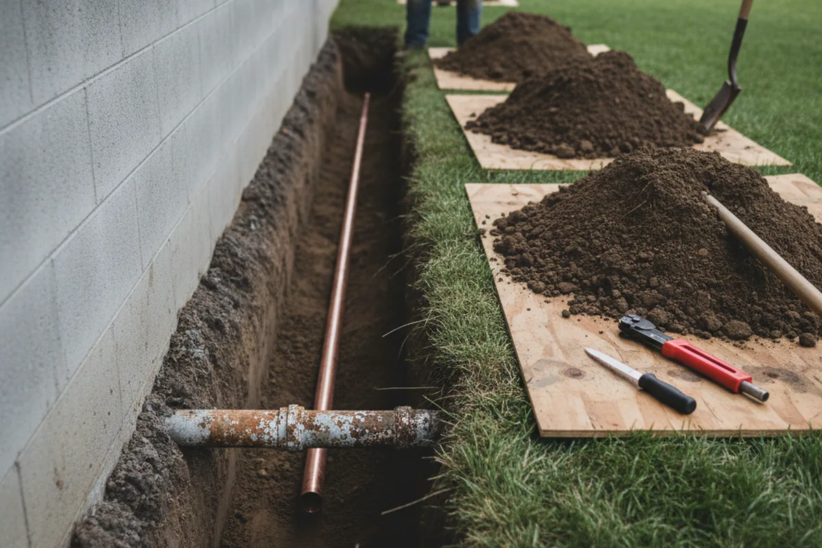 Excavated water line trench during Water Heater Repair in Lugoff